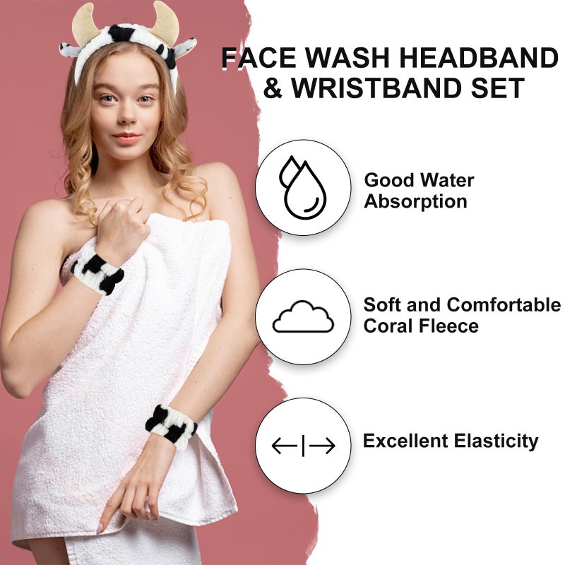CAVETEE 3 Piece Hairband and Wristband Set, Black&white Cow Horn, Spa Cosmetic Elastic Makeup Headband and Wristband for Women Girl Wash Face Skincare Makeup Shower Spa Headband - Image 3